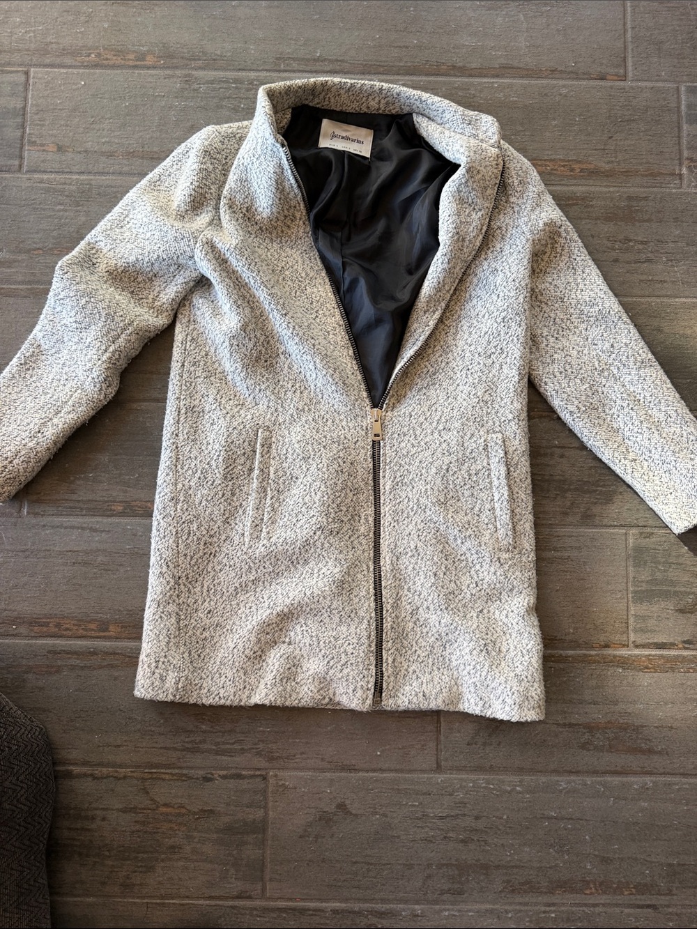 stradivarius Light Gray Bouclé Zip-Front Trench Coat